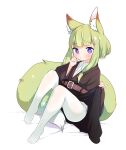  1girl animal_ear_fluff animal_ears bangs bed belt belt_buckle black_skirt blush brown_belt buckle closed_mouth clothes_lift collared_shirt commentary_request done_(donezumi) dress_shirt eyebrows_visible_through_hair fox_ears fox_girl fox_shadow_puppet fox_tail full_body green_hair hair_ornament hairclip hands_up highres lifted_by_self long_hair looking_at_viewer no_shoes original pantyhose purple_eyes shirt skirt skirt_lift solo tail white_background white_legwear white_shirt 