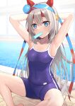  1girl absurdres animal_ears arms_behind_head bad_anatomy bad_leg bare_arms bare_legs bare_shoulders blue_eyes blue_swimsuit blush collarbone food highres horse_ears horse_girl horse_tail long_hair looking_at_viewer mouth_hold one-piece_swimsuit plfgb pool popsicle silver_hair solo swimsuit tail tamamo_cross_(umamusume) umamusume 