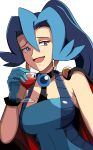  1girl alcohol blue_eyes blue_hair bodysuit cape clair_(pokemon) glass gloves highres jewelry long_hair pokemon pokemon_(game) pokemon_hgss ponytail simple_background smile smug solo vivivoovoo wine 