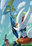  bright_pupils cinderace cloud commentary_request day gen_8_pokemon grass hand_up highres inteleon open_mouth outdoors pokemon pokemon_(creature) purobe red_eyes sitting sky standing white_pupils windmill yellow_eyes 