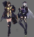  2girls assault_rifle bag beret black_gloves boots braid braided_ponytail brown_hair case collared_shirt eyebrows_visible_through_hair eyepatch facial_mark full_body girls&#039;_frontline gloves green_eyes gun gun_case h&amp;k_hk416 hair_ornament hairclip hat high_heel_boots high_heels highres hime_cut hk416_(girls&#039;_frontline) holding holding_gun holding_weapon jacket kamuify knee_brace knee_pads long_hair looking_at_viewer m16a1 m16a1_(girls&#039;_frontline) mole mole_under_eye multicolored multicolored_clothes multicolored_hair multicolored_jacket multiple_girls necktie particle_cannon_case pleated_skirt rifle scar scar_across_eye shirt shoulder_bag shoulder_strap silver_hair skirt strap_pull streaked_hair thighhighs two-tone_jacket weapon white_gloves zettai_ryouiki 