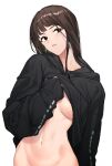  1girl black_eyes black_sweater breasts brown_hair clothes_lift grey_background groin hood hood_down hooded_sweater k52 long_hair long_sleeves looking_at_viewer medium_breasts navel no_bra original out-of-frame_censoring parted_lips simple_background solo sweater sweater_lift underboob 