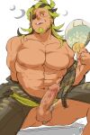  1boy abs bara bare_pectorals beard black_hair character_request come_hither dark-skinned_male dark_skin erection facial_hair fundoshi_aside green_hair hand_fan head_tilt highres holding holding_fan japanese_clothes kimono large_pectorals looking_at_viewer male_focus male_pubic_hair mature_male multicolored_hair muscular muscular_male navel nipples nude official_alternate_costume open_clothes open_kimono pectorals penis piikeisandaa pubic_hair seductive_smile short_hair smile solo spread_legs stomach thighs two-tone_hair uncensored unfinished world_flipper 