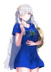  1girl absurdres anastasia_(fate) arts_shirt blue_eyes breasts doll fate/grand_order fate_(series) hair_over_one_eye hairband highres kotou_mai large_breasts long_hair playing_with_own_hair silver_hair smile thighs very_long_hair 