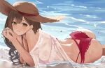 1girl ass bangs bare_shoulders bikini blush breast_press breasts brown_hair brown_headwear commentary_request day eyebrows_visible_through_hair gin00 hat idolmaster idolmaster_shiny_colors kuwayama_chiyuki large_breasts long_hair looking_at_viewer lying off_shoulder on_stomach outdoors own_hands_together parted_lips pink_bikini see-through shallow_water shirt short_sleeves sideboob solo sparkle sun_hat swimsuit water wet wet_clothes wet_shirt white_shirt yellow_eyes 