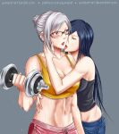  2girls arm_around_neck arm_up black_hair black_tank_top blush breasts cleavage closed_eyes dripping exercise glasses grey_background gumbat holding_another kurihara_mari_(prison_school) looking_at_another midriff_peek multiple_girls muscular muscular_female navel open_mouth parted_lips prison_school shiraki_meiko shorts simple_background standing sweat sweating_profusely tank_top tied_hair tongue tongue_out weightlifting wet white_hair wife_and_wife yellow_tank_top yuri 
