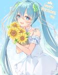  1girl :d bangs bare_shoulders blue_eyes blue_hair bouquet clover_hair_ornament commentary dress english_commentary eyebrows_visible_through_hair flower four-leaf_clover_hair_ornament hair_between_eyes hair_ornament hair_ribbon happy_birthday hatsune_miku long_hair looking_at_viewer miyanome object_hug open_mouth ribbon sleeveless sleeveless_dress smile solo twintails very_long_hair vocaloid white_dress white_ribbon yellow_flower 
