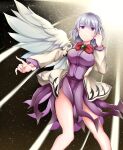  1girl absurdres angel_wings bare_legs beige_jacket bow bowtie braid breasts dress emerald_(gemstone) expressionless eyebrows_visible_through_hair feathered_wings french_braid hair_between_eyes highres impossible_clothes kishin_sagume koizumo large_breasts long_sleeves looking_to_the_side purple_dress purple_eyes red_neckwear short_hair silver_hair single_wing solo thighs touhou wings 
