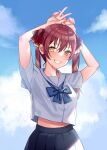  1girl arms_up bangs black_skirt blue_bow blue_sky bow cloud commentary_request day eyebrows_visible_through_hair grin hair_between_eyes hair_ribbon heterochromia hololive houshou_marine long_hair looking_at_viewer midriff_peek minatoasu outdoors pleated_skirt red_eyes red_hair red_ribbon ribbon sailor_collar school_uniform serafuku shirt short_sleeves skirt sky smile solo summer twintails virtual_youtuber w white_sailor_collar white_shirt yellow_eyes 