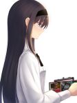  1girl bangs black_hair blue_eyes box breasts collared_shirt dress_shirt hairband handheld_game_console i.f.s.f long_hair long_sleeves nintendo_switch shirt small_breasts solo tohno_akiha tsukihime white_shirt 