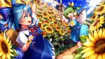  2girls ascot blue_eyes blue_hair blue_ribbon blue_skirt blue_sky blue_vest cirno cloud daiyousei dress eyebrows_visible_through_hair fairy_wings fence field flower flower_field garden_of_the_sun green_eyes green_hair hair_between_eyes hair_ribbon highres ice ice_wings marutenmaruten multiple_girls open_mouth pinafore_dress puffy_short_sleeves puffy_sleeves red_neckwear red_ribbon ribbon running short_sleeves skirt sky snowflake_ornament sunflower touhou upper_teeth vest wings yellow_ribbon 