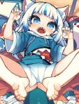  1girl animal_costume animal_ear_fluff animal_ears artist_name ass bangs bed bloop_(gawr_gura) blue_eyes blue_hair blue_hoodie blue_nails blunt_bangs bottomless cat_ears cat_girl eyelashes feet fish_tail gawr_gura hair_ornament hands_up highres hololive hololive_english hood hoodie indoors kotoba_(1074421015) light_blush long_sleeves looking_at_viewer lying medium_hair multicolored_hair nail_polish on_back paw_pose pillow shark_costume shark_girl shark_hair_ornament shark_print shark_tail sharp_teeth sidelocks silver_hair socks streaked_hair tail teeth virtual_youtuber wide_sleeves 