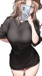  1girl arm_behind_back black_shirt blush breasts eyebrows_visible_through_hair holding holding_phone ichikawa_hinana idolmaster idolmaster_shiny_colors liu_chi_tiantang_fr looking_at_viewer phone selfie shirt solo white_background 