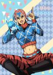  1boy animal_print argyle argyle_background black_eyes black_footwear blue_eyes blue_shirt boots clover club_(shape) commentary_request crossover diamond_(symbol) gen_4_pokemon glaceon guido_mista hat heart highres index_finger_raised jojo_no_kimyou_na_bouken kogawa_(kris_386k) male_focus navel open_mouth pants pointing pointing_up pokemon pokemon_(creature) red_headwear red_pants shirt smile spade_(shape) stomach teeth tiger_print 