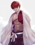  1boy abs bangs cape emiya_shirou fate/grand_order fate_(series) highres igote light looking_down male_focus muscular muscular_male okuno_naru_(exoprsa) pants red_hair senji_muramasa_(fate) simple_background smile solo tassel upper_body white_background white_cape yellow_eyes 