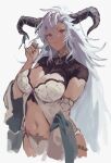  1girl breasts dark-skinned_female dark_skin dragon_horns draph fediel_(granblue_fantasy) granblue_fantasy hair_twirling hashibiro_kou_(garapiko_p) highres horns large_breasts long_hair navel pink_eyes silver_hair smile solo very_long_hair 