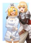  2girls a99202401 absurdres animal_costume annoyed armor asymmetrical_hair bangs blonde_hair blue_eyes blush breasts cape cleavage eyebrows_visible_through_hair female_knight_(guardian_tales) future_princess gloves guardian_tales highres hood multiple_girls open_mouth short_hair simple_background smile 