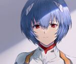  1girl ayanami_rei bangs blue_hair bodysuit closed_mouth commentary_request eyebrows_visible_through_hair gradient gradient_background hair_ornament haoni highres interface_headset lips looking_at_viewer neon_genesis_evangelion plugsuit red_eyes shiny shiny_hair short_hair simple_background skin_tight smile solo turtleneck upper_body 