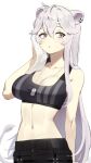  1girl absurdres ahoge animal_ears breasts cleavage collarbone dog_tags drying grey_eyes grey_hair hair_between_eyes highres hololive large_breasts lion_ears long_hair looking_at_viewer navel parted_lips shishiro_botan simple_background solo sports_bra stomach tostantan towel upper_body virtual_youtuber white_background 