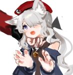  1girl 1other 9a-91_(girls&#039;_frontline) 9a-91_(travelling_with_a_loyal_friend)_(girls&#039;_frontline) absurdres ambiguous_gender animal_ears animal_hands bell beret black_shirt blue_eyes blue_jacket blush claws commentary_request dokomon fang furrification furry furry_female girls&#039;_frontline hair_over_one_eye hands_up hat highres jacket korean_commentary looking_at_another neck_bell official_alternate_costume open_clothes open_jacket open_mouth out_of_frame red_headwear shirt simple_background skin_fang solo_focus upper_body white_background wolf_ears 