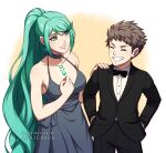  1boy 1girl adricarra bangs bare_arms breasts bright_pupils brown_hair chest_jewel cleavage closed_eyes cowboy_shot dress earrings formal green_eyes green_hair grey_dress grin highres jewelry long_hair pneuma_(xenoblade) ponytail rex_(xenoblade) short_hair smile spaghetti_strap suit swept_bangs very_long_hair white_pupils xenoblade_chronicles_(series) xenoblade_chronicles_2 