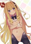  absurdres alternate_costume animal_ears areola_slip areolae ass_visible_through_thighs azur_lane bangs bar_censor bare_shoulders black_neckwear blonde_hair bow bowtie breasts censored closed_mouth commentary_request crossed_arms crown detached_collar eyebrows_visible_through_hair fake_animal_ears frown hair_bow hair_censor hairband highres long_hair meme_attire mini_crown navel purple_eyes pussy queen_elizabeth_(azur_lane) rabbit_ears reverse_bunnysuit reverse_outfit sidelocks small_breasts stomach suwakana sweat white_bow wrist_cuffs 