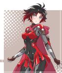  1girl alternate_costume armor armored_skirt black_hair bodysuit boots breasts cape cowboy_shot english_commentary fingerless_gloves gloves grey_eyes highres iesupa parted_lips power_armor red_armor red_cape red_hair ruby_rose rwby short_hair shoulder_armor solo 
