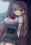  1girl bangs bow bowtie bra_through_clothes breasts brown_eyes brown_hair commentary_request eyebrows_visible_through_hair eyes_visible_through_hair grey_skirt highres kodama_(sakura_yuki) large_breasts long_hair looking_at_viewer original plaid plaid_skirt red_neckwear sakura_yuki_(clochette) school_uniform see-through shirt short_sleeves skirt solo wet wet_clothes wet_shirt white_shirt 