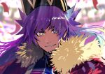  1boy bangs baseball_cap blurry cape champion_uniform confetti dark-skinned_male dark_skin eyelashes facial_hair fur-trimmed_cape fur_trim hat highres hironegaika leon_(pokemon) light long_hair looking_at_viewer male_focus parted_lips pokemon pokemon_(game) pokemon_swsh purple_hair red_cape shiny shiny_hair shirt smile solo stadium upper_body yellow_eyes 