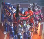  1girl 2boys arcee autobot blue_eyes casey_w._coller clenched_hand comic_cover cropped decepticon energy_sword english_commentary glowing glowing_eyes gun holding holding_gun holding_sword holding_weapon joana_lafuente looking_up mecha multiple_boys no_humans optimus_prime science_fiction soundwave standing sword the_transformers_(idw) transformers visor weapon 