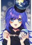  1girl alternate_costume black_choker black_dress blue_eyes blue_hair blush choker colored_tongue dress earth_(ornament) eyebrows_visible_through_hair food hair_between_eyes hecatia_lapislazuli hecatia_lapislazuli_(earth) highres ice_cream kyouda_suzuka looking_at_viewer medium_hair nail_polish polos_crown solo spoon starry_background touhou 