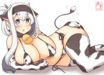  1girl alternate_costume animal_ears animal_print artist_logo bangs bell bikini blue_eyes breasts cleavage cow_ears cow_horns cow_print cowbell dated elbow_gloves fake_horns fake_tail folded_ponytail gloves headband horns kamoi_(kancolle) kanon_(kurogane_knights) kantai_collection large_breasts long_hair lying neck_bell on_side one-hour_drawing_challenge open_mouth print_bikini print_gloves print_legwear side-tie_bikini simple_background solo swimsuit tail thick_eyebrows thighhighs white_background white_hair 