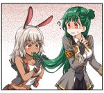  2girls ? animal_ears breasts cleavage commentary_request confused dulldull eating_hair eyebrows_visible_through_hair fingerless_gloves g28_(girls&#039;_frontline) girls&#039;_frontline gloves green_hair grey_hair iron_cross long_hair multiple_girls navel ns2000_(girls&#039;_frontline) rabbit_ears sleeveless sleeveless_jacket 