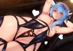  1girl armpits arms_behind_head arms_up bangs black_hairband blue_hair blush breasts dutch_angle eula_(genshin_impact) genjung genshin_impact hair_ornament hairband heart highres large_breasts lingerie looking_at_viewer medium_hair navel nipples revealing_clothes sidelocks solo thighs underwear yellow_eyes 