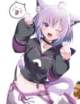  1girl ;3 ;d ahoge animal_ear_fluff animal_ears arm_up bangs black_collar black_hoodie breasts cat_ears cat_girl cat_tail collar commentary_request cropped_hoodie hair_between_eyes hand_up highres hololive hood hoodie long_sleeves looking_at_viewer mafuri medium_breasts midriff nekomata_okayu one_eye_closed open_mouth pants paw_pose purple_eyes purple_hair short_hair simple_background smile solo speech_bubble spoken_expression standing standing_on_one_leg tail virtual_youtuber white_background white_pants 