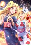  2girls ahoge blonde_hair commentary_request ereshkigal_(fate) eyebrows_visible_through_hair fate/grand_order fate_(series) fireworks fou_(fate) green_eyes gu-rahamu_omega_x hair_between_eyes hair_bun highres holding long_hair looking_at_another mask multiple_girls nero_claudius_(fate) nero_claudius_(fate/extra) night open_mouth outdoors sky tongue 