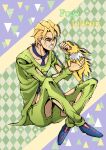  1boy angry argyle argyle_background biting biting_hand blonde_hair blood blue_eyes blue_footwear blue_neckwear clover club_(shape) commentary_request crossover diamond_(shape) earrings food food_print fruit gen_1_pokemon green_pants green_shirt heart highres jewelry jojo_no_kimyou_na_bouken jolteon kogawa_(kris_386k) male_focus necktie pannacotta_fugo pants pokemon pokemon_(creature) shirt shoes spade_(shape) strawberry strawberry_print stud_earrings triangle 