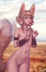  1girl afterimage animal_ears bangs blurry blurry_background braid brown_eyes brown_hair cowboy_shot day earrings facing_viewer flat_chest fox_ears fox_tail highres jewelry khiara_(personal_ami) long_tail navel nipples nude original outdoors personal_ami pussy savannah short_hair smile solo tail tail_wagging tooth_necklace tribal twin_braids uncensored vambraces 