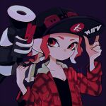  1girl adjusting_clothes adjusting_headwear baseball_cap black_bandana black_headwear hat holding holding_weapon hood hood_down hooded_jacket imaikuy0 jacket logo looking_at_viewer octoling open_clothes open_jacket print_headwear red_eyes red_hair red_jacket short_hair simple_background sleeves_rolled_up solo splatoon_(series) splatoon_2 splattershot_(splatoon) symbol-only_commentary tentacle_hair upper_body weapon 