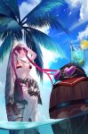 1girl arm_up arrow_through_heart barefoot barrel baseball_cap bikini black_jacket breasts clothes_around_waist cloud cup drinking_glass drinking_straw food fruit halterneck hat heterochromia highres holding holding_shoes hololive houshou_marine jacket jacket_around_waist large_breasts lemon lemon_slice palm_tree red_bikini red_eyes shoes sky skymax solo sunglasses swimsuit thigh_strap tongue tongue_out tree twintails underboob virtual_youtuber water yellow_eyes 