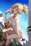  1girl bag balcony bangs bare_arms bare_shoulders blonde_hair blue_sky braid breasts burger collarbone commentary cup day drinking_straw eating fast_food fate/apocrypha fate_(series) food french_braid french_fries green_eyes hair_ornament hair_scrunchie highres holding holding_food long_hair looking_at_viewer mordred_(fate) mordred_(fate/apocrypha) navel paper_bag parted_bangs ponytail red_scrunchie scrunchie sidelocks sitting sky small_breasts solo stomach tonee wcdonalds 