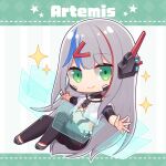  1girl android artemis_rs08 black_pants blue_hair character_name chibi closed_mouth commentary_request crop_top full_body glowing green_eyes grey_footwear grey_hair hair_ornament hairclip headgear hitsuki_rei holographic_monitor indie_virtual_youtuber joints layered_sleeves long_hair long_sleeves multicolored_hair navel pants red_hair robot_joints shirt shoes short_over_long_sleeves short_sleeves smile solo sparkle star_(symbol) streaked_hair striped striped_background vertical_stripes very_long_hair virtual_youtuber white_shirt 