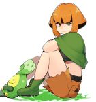  1girl arm_on_knee bangs belt black_belt black_hair black_shirt boots budew commentary_request cutoffs dot_nose from_side gardenia_(pokemon) gen_4_pokemon green_footwear looking_at_viewer midriff mituyota_76 multicolored_hair on_ground orange_eyes orange_hair pokemon pokemon_(creature) pokemon_(game) pokemon_dppt poncho shirt shorts sidelocks simple_background solo_focus two-tone_hair white_background 