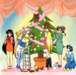  1990s_(style) 6+girls aino_minako bishoujo_senshi_sailor_moon black_footwear black_hair blonde_hair blue_hair blue_legwear boots brown_footwear brown_hair casual chibi_usa christmas_garland christmas_ornaments christmas_tree decorating double_bun dress fur_trim high_ponytail hino_rei kino_makoto knee_boots kneeling ladder long_hair long_sleeves mizuno_ami multiple_girls official_art open_mouth pantyhose pink_hair retro_artstyle short_dress short_hair shorts smile snowman standing stuffed_animal stuffed_toy sweater teddy_bear thighhighs tsukino_usagi turtleneck twintails very_long_hair yellow_legwear 