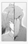  1girl bangs bird closed_mouth commentary creature_and_personification english_commentary eyebrows_visible_through_hair face feather_hair greyscale jitome kemono_friends looking_at_viewer medium_hair monochrome necktie shoebill shoebill_(kemono_friends) solo staring twitter_username tyrone 