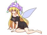  1girl :o alternate_costume bangs barefoot black_shirt blonde_hair blush breasts bright_pupils cleavage clothes_writing clownpiece collarbone commentary_request cosplay dot_nose english_text fairy_wings full_body hands_on_ground hat hecatia_lapislazuli hecatia_lapislazuli_(cosplay) highres jester_cap knees long_hair lying on_side oversized_clothes polka_dot purple_eyes purple_headwear shirt shitacemayo short_sleeves simple_background small_breasts solo t-shirt touhou white_background white_pupils wings 