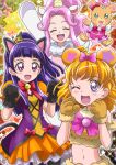  3girls :d ^_^ animal_ears animal_hands arm_up asahina_mirai bear_ears bell black_gloves bow bowtie brown_gloves cat_ears closed_eyes cosplay crop_top food-themed_hair_ornament fur-trimmed_gloves fur_trim gloves hair_bow hair_ornament halloween halloween_costume hanami_kotoha hanzou highres horns izayoi_liko kigurumi layered_skirt looking_at_viewer mahou_girls_precure! midriff miniskirt mofurun_(mahou_girls_precure!) mofurun_(mahou_girls_precure!)_(cosplay) multiple_girls navel open_mouth orange_skirt orange_sleeves paw_gloves pink_bow pleated_skirt precure pumpkin_hair_ornament purple_eyes red_bow red_neckwear short_sleeves single_horn skirt smile stomach stuffed_animal stuffed_toy teddy_bear two-tone_skirt unicorn_costume white_skirt 