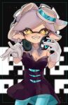  +_+ 1girl aqua_headwear aqua_legwear bare_shoulders black_background black_dress black_jumpsuit blurry blurry_background detached_collar dress earrings fangs food food_on_head gloves hand_on_headphones headphones headphones_around_neck highres imojiru27 jewelry long_hair looking_at_viewer marie_(splatoon) mole mole_under_eye object_on_head pixel_text pointy_ears reaching_out short_jumpsuit smile solo splatoon_(series) splatoon_1 sushi thighhighs upper_body very_long_hair white_gloves white_hair white_headwear 