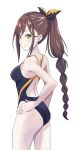  1girl absurdres ass brown_hair camui1104 competition_swimsuit green_eyes hand_on_hip highres long_hair looking_at_viewer multi-tied_hair multicolored multicolored_clothes multicolored_swimsuit one-piece_swimsuit ponytail re:zero_kara_hajimeru_isekai_seikatsu shaula_(re:zero) simple_background solo standing swimsuit white_background 