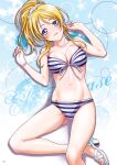  1girl absurdres ass_visible_through_thighs ayase_eli bikini blonde_hair blue_background blue_eyes blush breasts character_name cleavage collarbone covered_nipples diagonal_stripes eyebrows_visible_through_hair front-tie_bikini front-tie_top groin hair_between_eyes hair_ornament hair_scrunchie high_ponytail highres large_breasts long_hair looking_at_viewer love_live! love_live!_school_idol_project lying nanno_koto navel on_back page_number parted_lips ribbon scrunchie shiny shiny_hair solo striped striped_background striped_bikini swimsuit white_ribbon white_scrunchie 